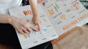 A child and adult engaging with an educational book, pointing to illustrations.